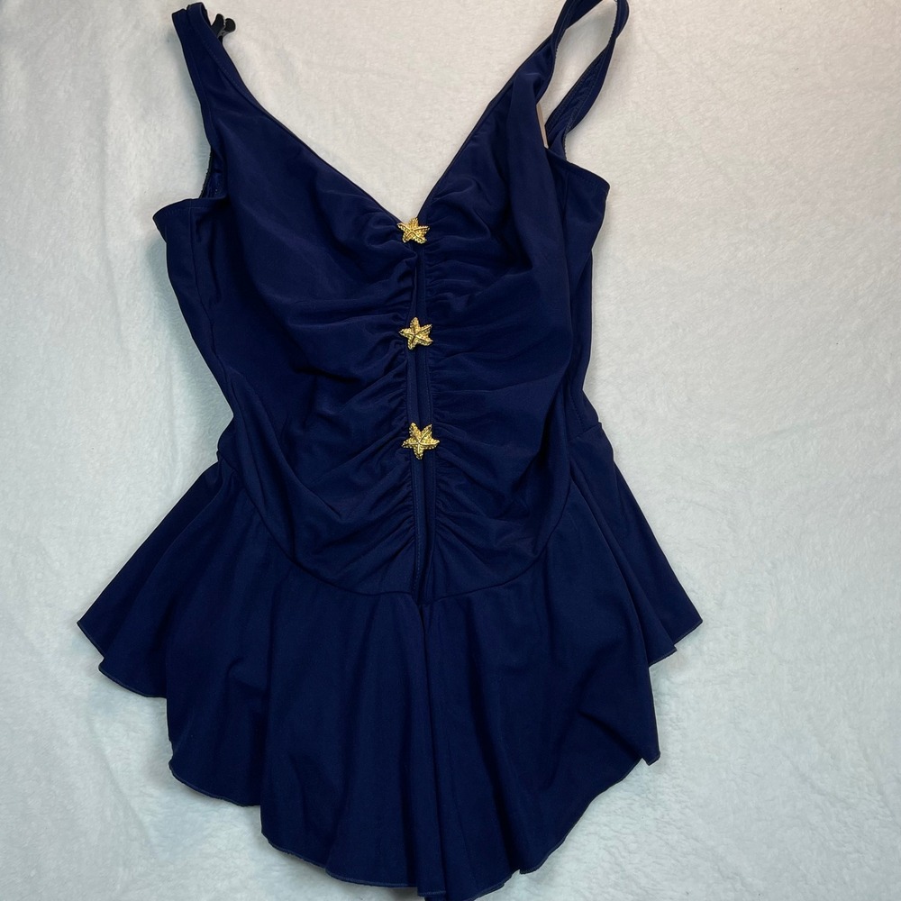 Slim Allure Vtg Navy XL Blue Ruffle‎ Swim Dress Nautical Starfish 20W Classy